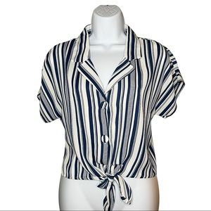 White and Blue Striped Print Blouse with Bow & Tie Front